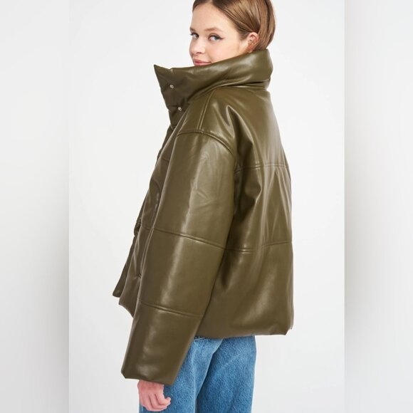 NWT En Saison Lana Vegan Leather Puffer Jacket Olive - Picture 3 of 4